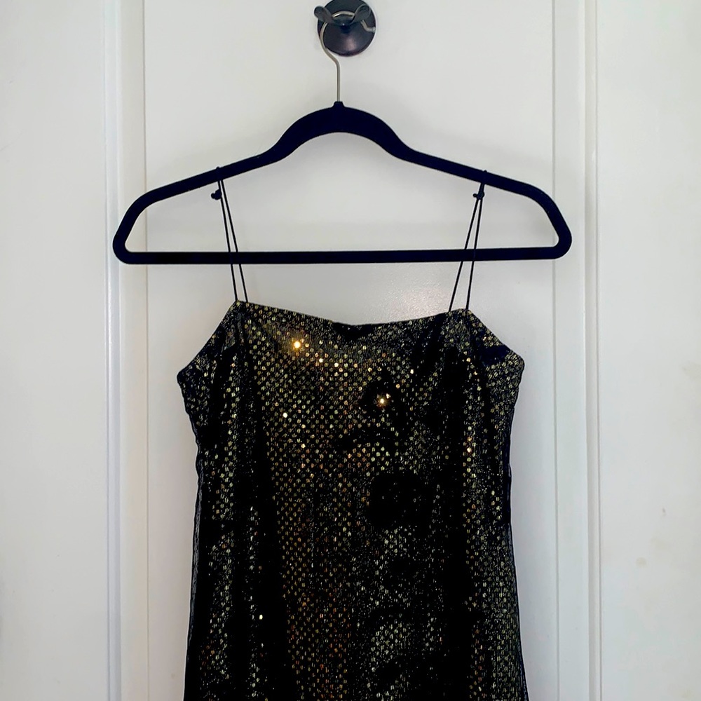Rampage women size 5 gold sequin with black rose chiffon dress.